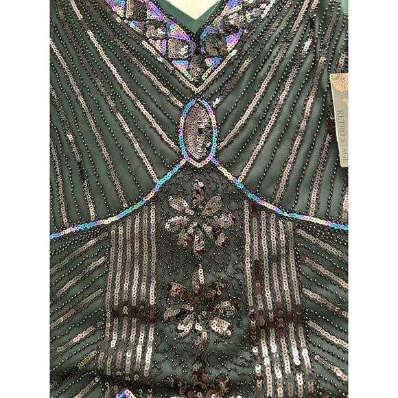 Retro Stage 1920s Fringe Flapper Beaded Sequins Black and Green Midi Dress -XL - Picture 5 of 9
